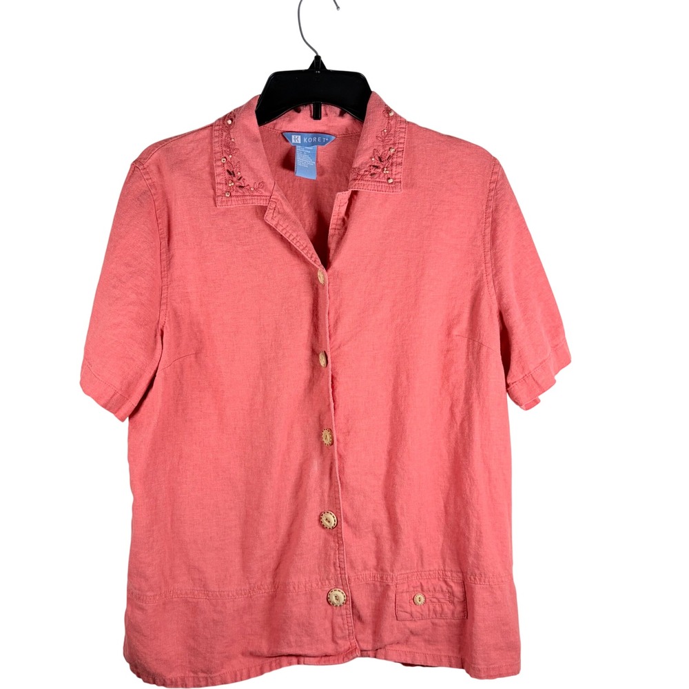 Vintage Koret Linen Blend Beaded Collar Embroidered Button Up Shirt Coral L